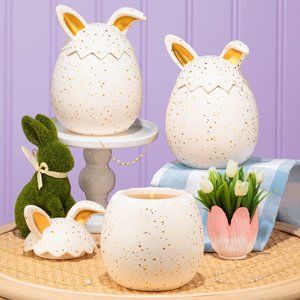 Ceramic Bunny Egg Jar with gold accents, Easter Decoration